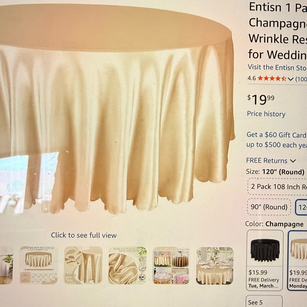 Champagne Tablecloth for wedding reception 120” total of (36).